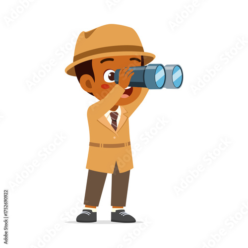 African American Boy Looking Through Binoculars with Smiling Face Cartoon Illustration