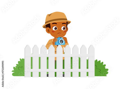 African American boy detective with camera spying over a white fence illustration