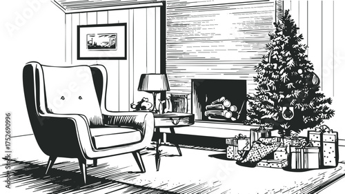 Pen draw modern living room with armchair, fireplace, Christmas tree with gifts in elegant monochrome line art sketchy style.