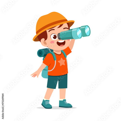 Happy Boy Scout Looking Through Binoculars Wearing Hat and Backpack with Smile Expression