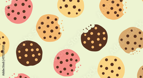 A delicious assortment of sweet chocolate chip and strawberry flavored cookies scattered across a light green background.