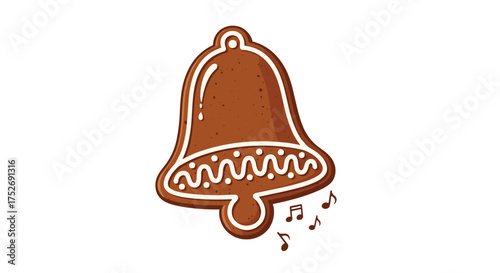 A gingerbread bell cookie with festive icing ringing with musical notes.