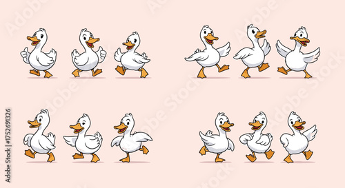 Animated sprite sheet of cute cartoon ducks walking and dancing in a cheerful style.
