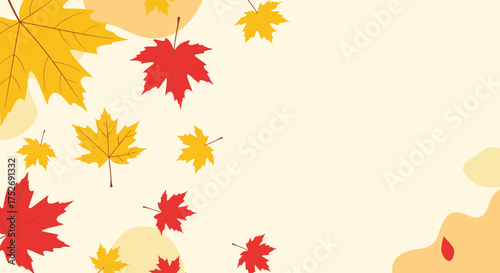 Falling autumn leaves in shades of red and yellow float gently against a light cream background.