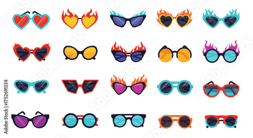 A vibrant collection of quirky and fashionable sunglasses in various playful shapes and designs.