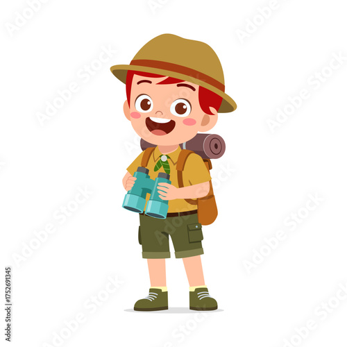 Happy Little Boy Scout Standing Holding Binoculars with Backpack and Hat Smiling Joyfully