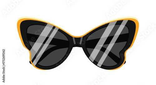 Fashionable butterfly shaped sunglasses with black lenses and yellow frame.