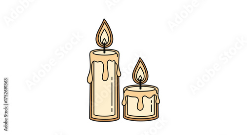 Two burning candles with dripping wax and warm flames casting a gentle light.