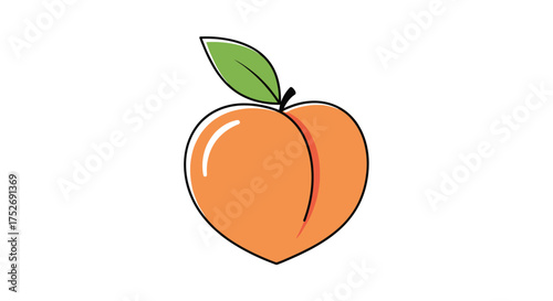 A vibrant orange peach with a single green leaf and stem sits on a white background.
