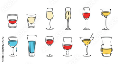 Collection of various cocktail glasses and drinks in a flat line art style illustration.