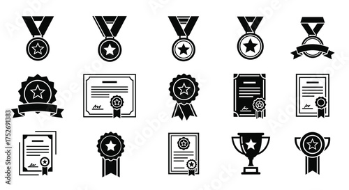 Collection of black and white award and recognition icons including medals certificates and trophies.