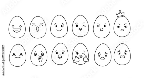 A collection of cartoon eggs with various facial expressions and emotions.