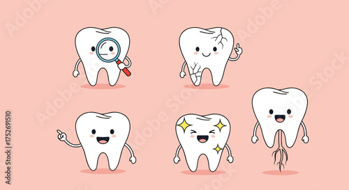 Cute cartoon teeth characters representing different dental health concepts and emotions for educational purposes.