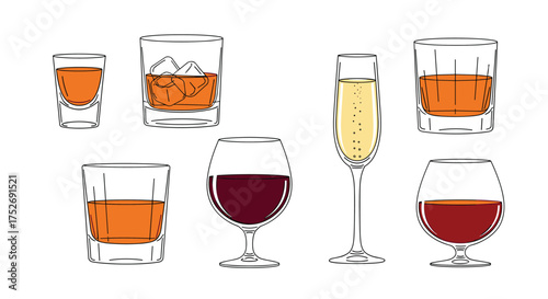 A collection of various alcoholic beverages served in different types of glassware.