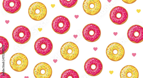 A sweet and colorful assortment of frosted donuts with sprinkles and small hearts.