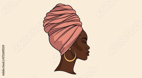A portrait of an elegant black woman wearing a pink headwrap and large hoop earrings. She is depicted in profile against a plain background.