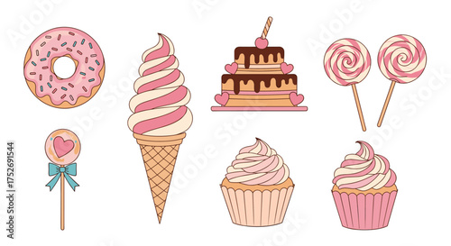 A delightful assortment of sweet treats including cakes donuts ice cream and lollipops.