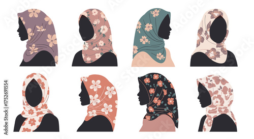 Collection of floral patterned headscarves worn by women.