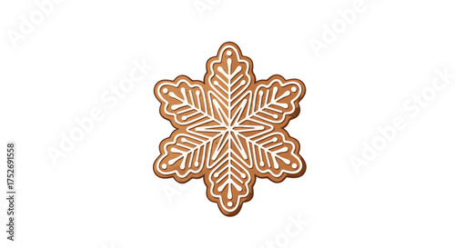 A beautifully decorated snowflake shaped cookie with intricate white icing details suggesting winter holidays.