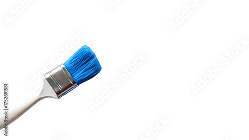Close up of a blue paintbrush with bristles, isolated on transparent background