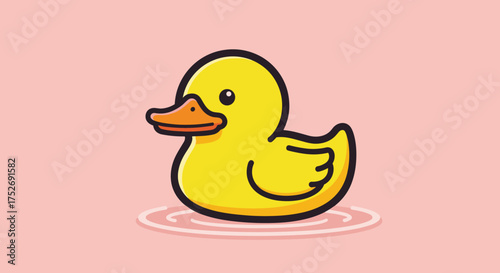 A cute yellow rubber ducky floats serenely on the water surface in a pink background.
