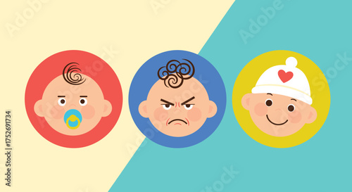 Exploring the diverse range of baby emotions and expressions presented in three distinct circular portraits.