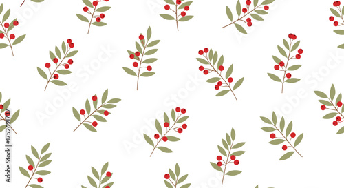 A delightful pattern of delicate green leaves and small red berries on a white background.