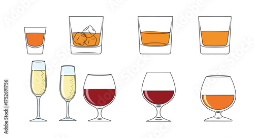 An assortment of alcoholic beverage glasses containing different drinks like whiskey champagne and brandy
