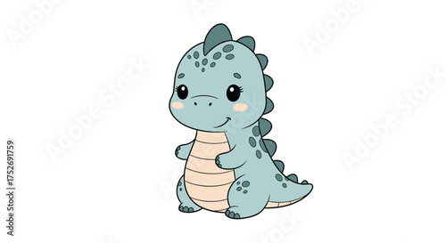 A cute and friendly cartoon baby dinosaur standing and looking to the left with its arms outstretched.