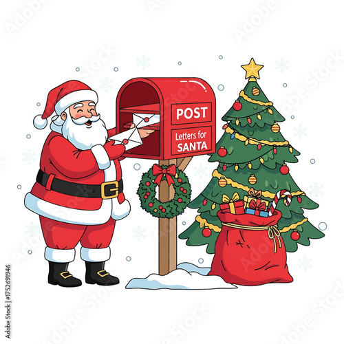 Santa claus mailing letters to the north pole next to a decorated christmas tree and a sack of presents