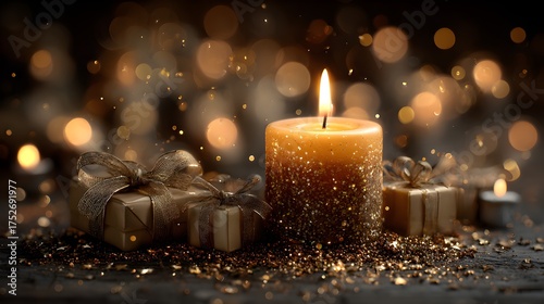 A glowing candle centerpiece surrounded by gift boxes and sparkling confetti, representing warmth, generosity, and the spirit of 2026 celebration