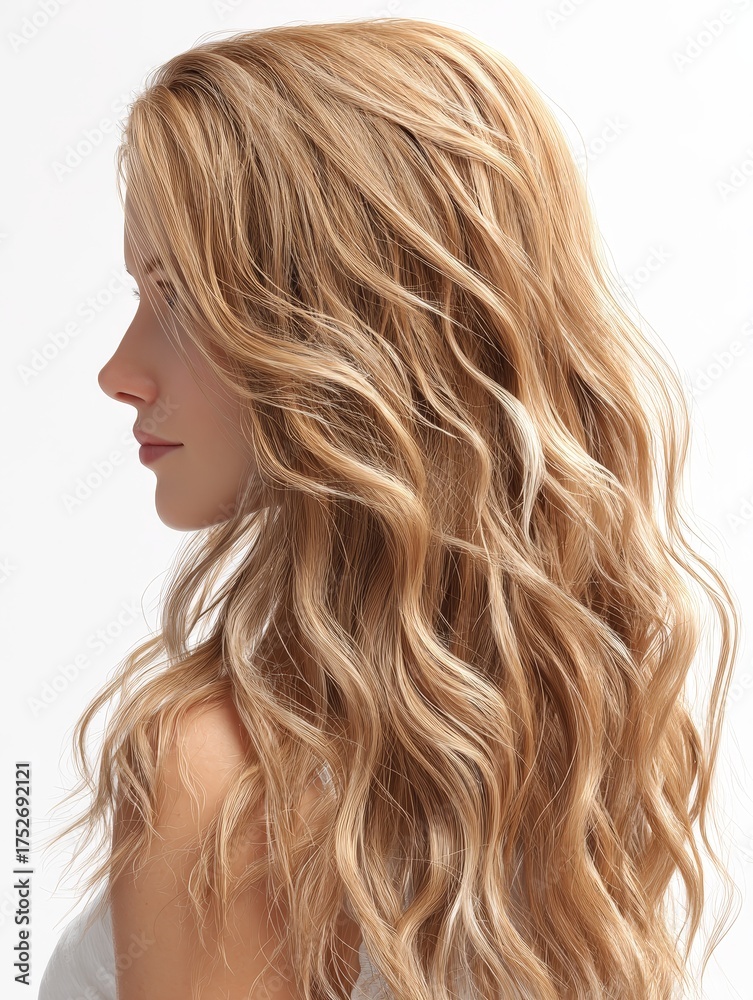 Naklejka premium This image features long wavy blonde hair with beautiful curls, showcasing an elegant and stylish hairstyle.