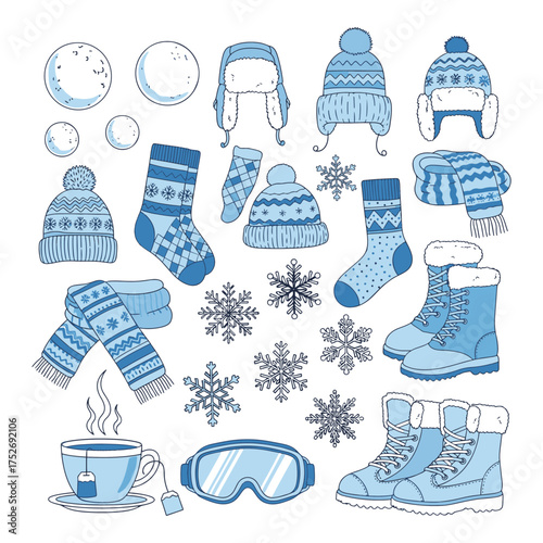 Collection of cozy winter clothing and accessories including hats scarves socks boots snowflakes and hot drink