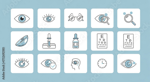 Eye care icons set representing various aspects of vision correction, eye health, and ophthalmology it includes eye exam, glasses, and contact lenses