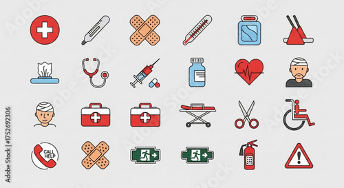 Medical icons set representing various aspects of healthcare, emergency, and first aid it includes ambulance, bandage, and stethoscope