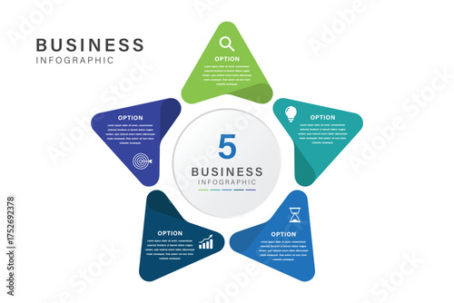 5 steps Point Star Business Infographic with Icons and Color Segments