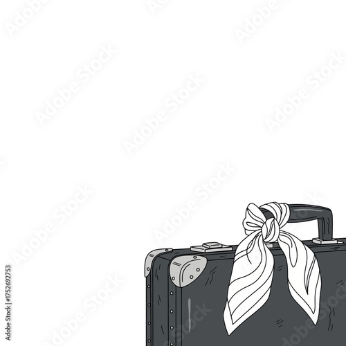 Vector art of vintage suitcase with a silk scarf tied to the handle, , evoking a sense of retro travel and classic style, perfect for fashion or travelthemed projects