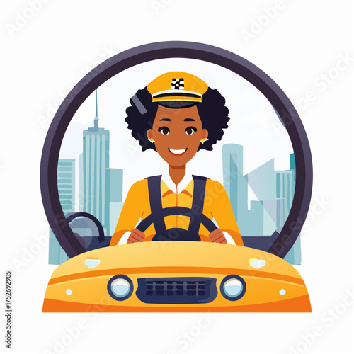 Cheerful taxi driver in yellow cab against city background illustration