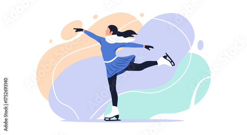 An elegant illustration captures a figure skater in a graceful pose, showcasing winter sports against a backdrop of pastel-colored abstract shapes.