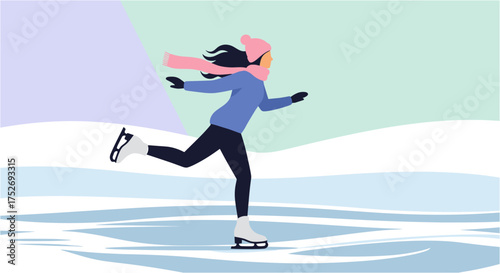 A woman gracefully ice skates on a frozen lake, wearing a pink hat and scarf, enjoying the crisp winter air and the beauty of the season.