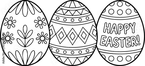 Happy Easter Coloring Page with Three Decorative Patterned Eggs Vector