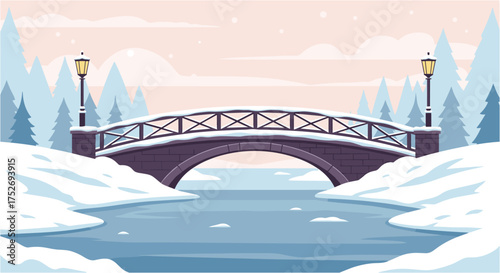 A picturesque winter scene depicts a snow-covered bridge spanning a frozen river, with trees and lampposts creating a serene landscape.