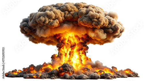 A massive mushroom cloud explosion with intense fire and smoke, representing a nuclear blast or powerful detonation, isolated on transparent background