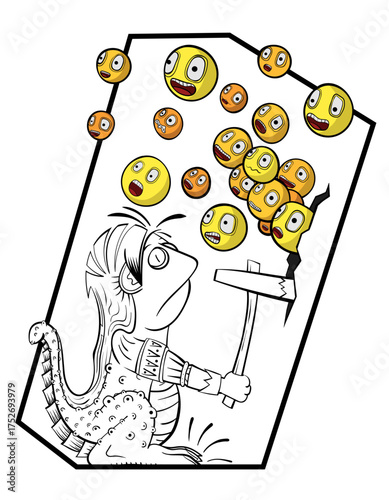 image of an animal holding an axe to destroy a colony of emoticon characters