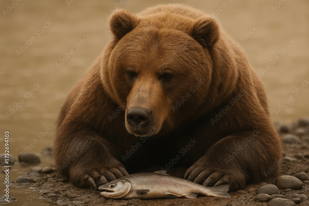 Fototapeta premium Brown bear resting by riverbank with freshly caught fish, wild animal displaying natural hunting behavior in calm outdoor setting