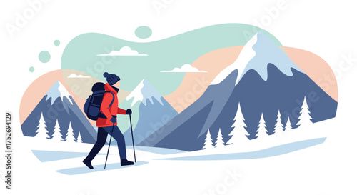 An adventurous hiker wearing a red jacket and backpack treks through a snowy mountain landscape, embracing the beauty of nature.