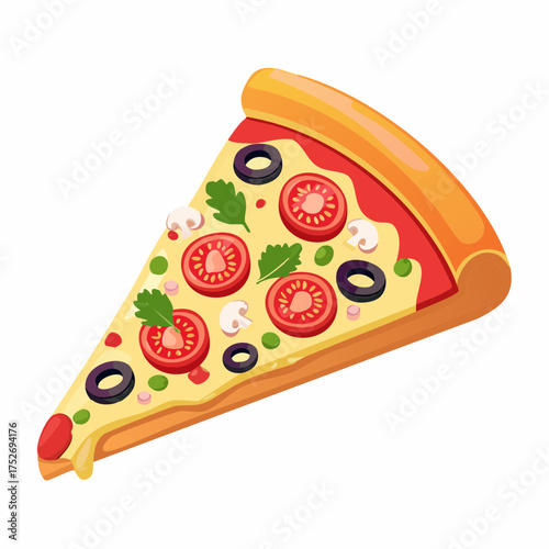 Delicious pizza slice illustration with fresh tomatoes olives and mushrooms