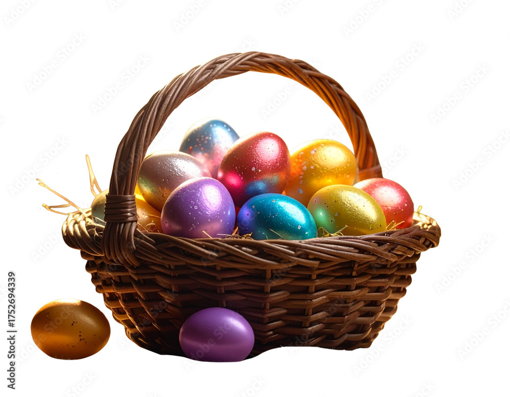 Naklejka premium Close-Up of Rustic Basket Filled with Vibrant Easter Eggs, Artistic Lighting, Isolated