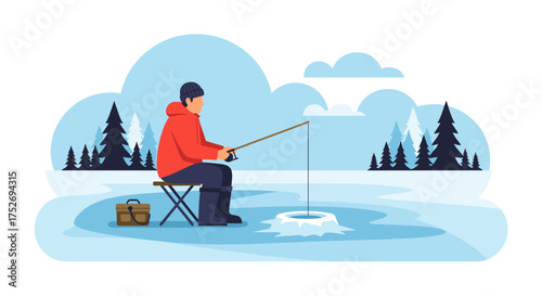 An illustration of a man ice fishing on a frozen lake, enjoying a winter outdoor activity with a fishing rod and gear.