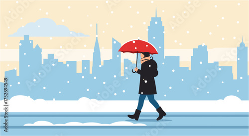 A person walks through a snowy cityscape, holding a red umbrella to shield them from the falling snowflakes, creating a winter scene.